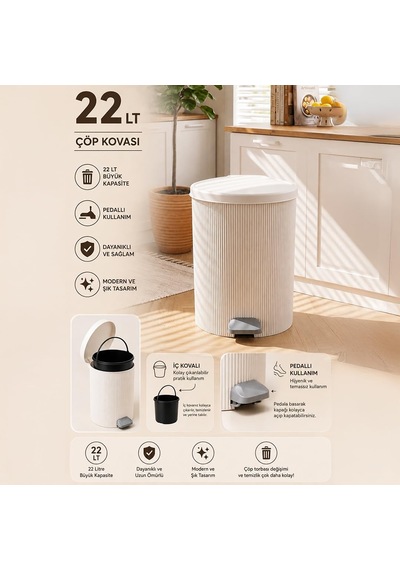 0707-1 Still 22 Litre Pedallı İç Kovalı Çöp Kovası Beyaz Yuvarlak Mutfak Ve Banyo Çöp Kovası Diğer