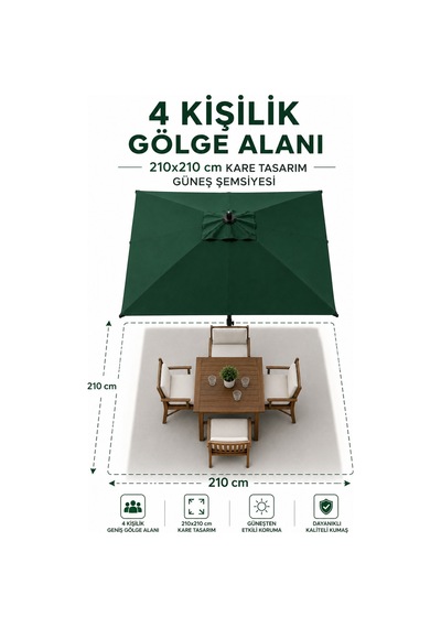 Alubrella Yeşil 210x210 Kare 8 Çelik Tel Bahçe Şemsiyesi Bidonlu