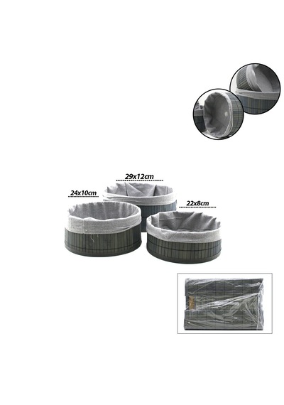 Gri 3 Boy Yuvarlak Bambu Kenar Organizer Sepet Ahşap Altlık - Bezli Çap: 22x24x29cm Çok Renkli