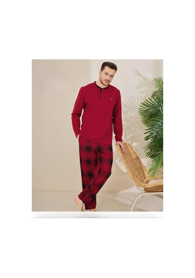 Pijamoni Erkek Pamuklu Düğme Yaka Uzun Kol İnce Pijama Takımı 100/7 - 1 Adet Bordo