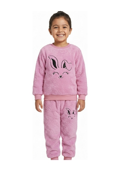 Kız Çocuk Peluş Eşofman Takımı Alt Üst 2 Li Peluş Açık Pembe
