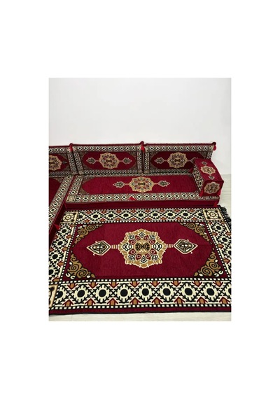 Güneş Modeli Bordo Otantik Şark Köşesi Takımı L Set - Geleneksel Yer Minderi Seti 10 Cm Minder Kalınlığı 10 Parça