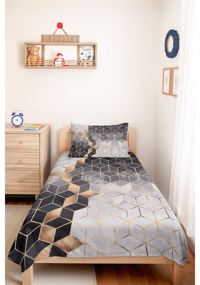 Gri Geometrik Modern Tek Kişilik Pike Takımı - Altın Çizgili Antrasit Beyaz 160x220 Cm Yatak Örtüsü Kırçıllı Yamaç Tonu