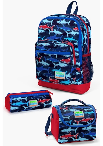 Coral High Kids Lacivert Kırmızı Köpek Balığı Desenli 3 Lü Okul Çanta Seti Set0123718