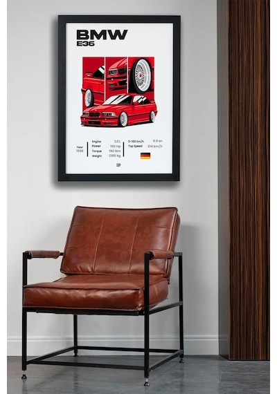 Bmw E36 Tasarım Siyah Çerçeveli Poster Tablo