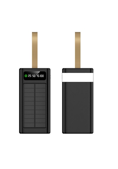 30000 Mah Solar Powerbank Güneş Enerjili Taşınabilir Şarj Cihazı 22.5w Hızlı Şarj Dahili Kablolu Çoklu Çıkış Dijital Ekran Siyah - Siyah