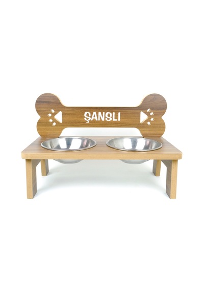 Köpek Su Ve Mama Kabı - Kemik Model - Özel İsim Baskılı -büyük Irk-ceviz Mdf - Çelik Kase - 2 1000ml
