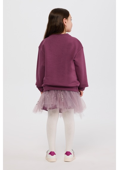 Panço Kız Çocuk Nakışlı Sweatshirt Gri Mürdüm