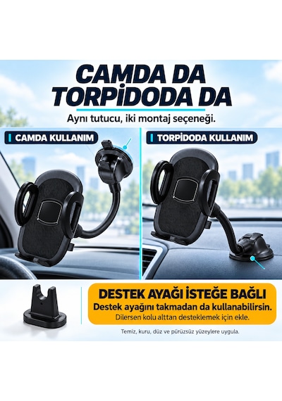 Dexxony Hp-a03 Vantuzlu Araç İçi Telefon Tutucu 20 Cm Bükülebilir Kol Cam Ve Torpido Destek Ayaklı Centilmen Siyah