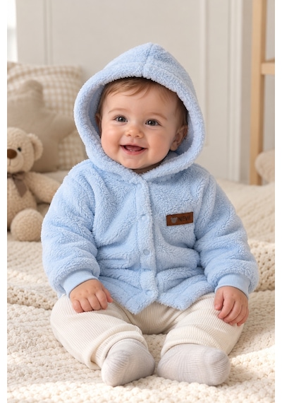 Beniizle Kapüşonlu Unisex Welsoft Yumuşak Dokulu Çıtçıtlı Kışlık Bebek Hırkası Mavi