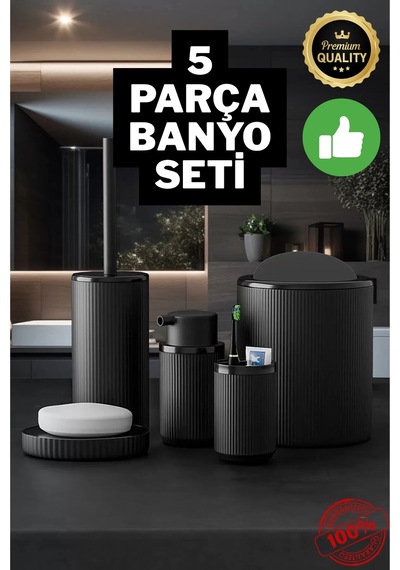 5 Parça Siyah Çizgili Yuvarlak 5'li Eco Banyo Seti Çöp Kovası Tuvalet Fırçası Sabunluk Diş Fırçalık