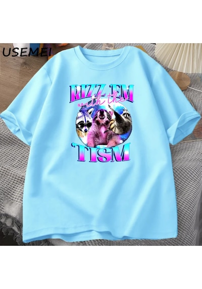 Flood Of Style Rizz Em İle Tism Komik T Shirt Erkekler Vintage Rakun Bootleg T-shirt Otizm Tees Kısa Kollu P Mavi