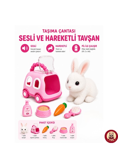 Oyuncak Tavşan Taşıma Çantalı Sesli Hareketli Pilli, Emekleme Oyuncağı Aksesuarlı Çocuklar İçin Eğitici Hayvan Sevgisi Pembe