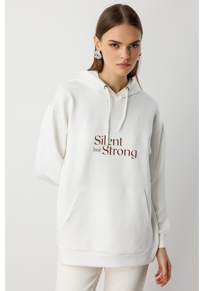 Mizalle Yumuşak Dokulu Kapüşonlu Ekru Sweatshirt Ekru