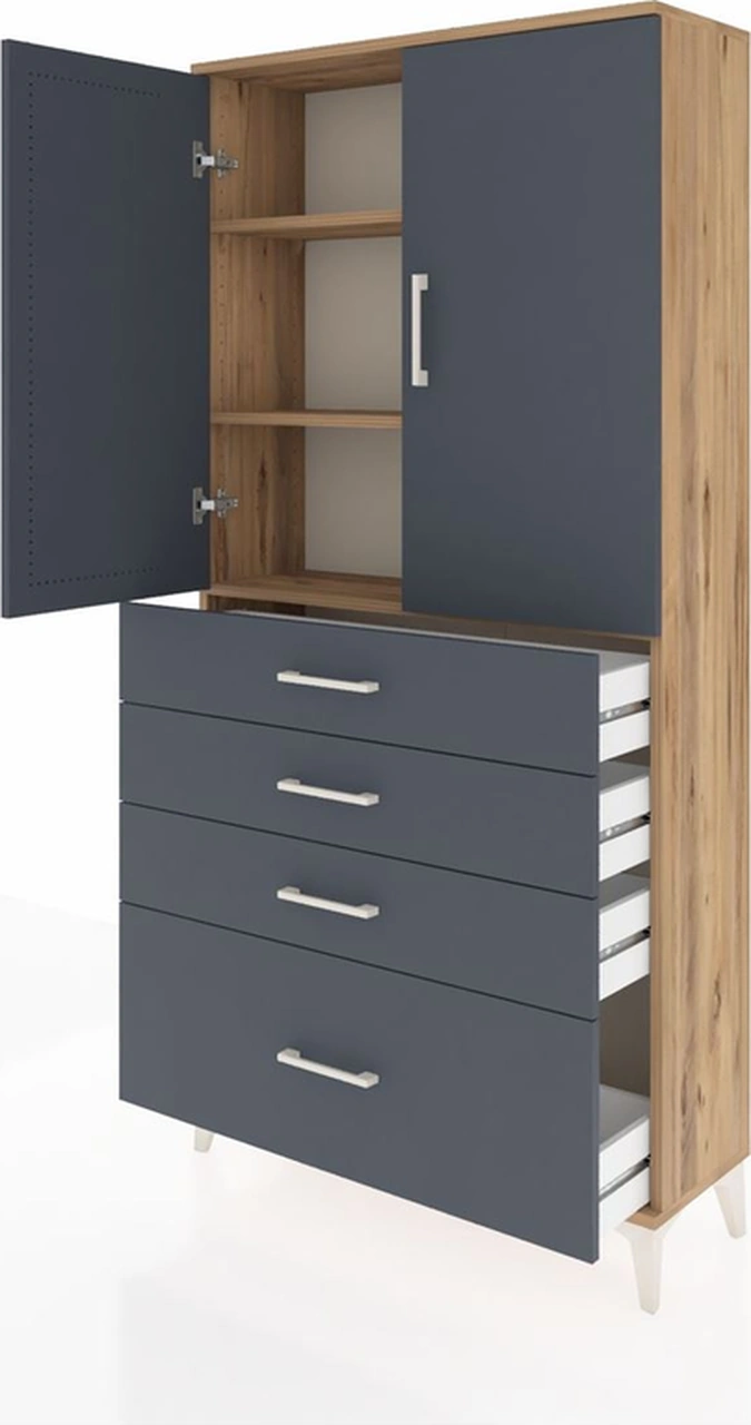 Arges Dolap 3 Raflı 4 Çekmeceli 2 Kapaklı 88x30x182 Çam-antrasit Çam