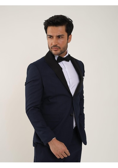 Dufy Lacivert Erkek Slim Fit Düz Sivri Yaka Smokin Takım - 84192-Lacivert