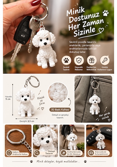 Köpek Figürlü Anahtarlık Sevimli Köpek Tasarımlı Çanta Ve Araba Anahtarlığı Beyaz 3D Baskı