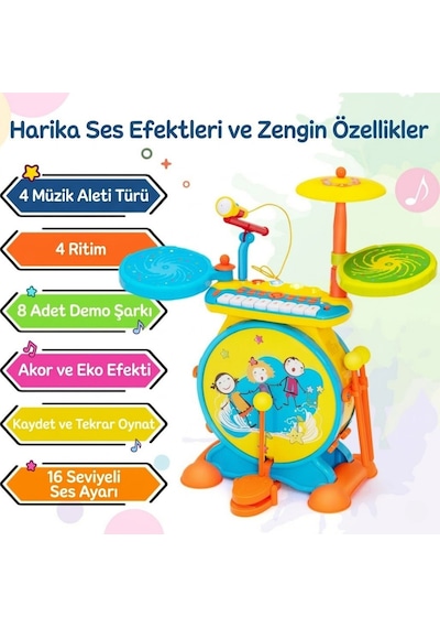 Işıklı Piyanolu Bateri Seti - Mikrofonlu, Tabureli Ve Mp3 Bağlantılı Çocuk Müzik Eğitim Seti