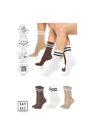 Saysez Bambu Unisex Tenis Kolej Çizgili Beyaz-kahve-bej Premium Dikişsiz Soket Çorap 3'lü Paket Renkli