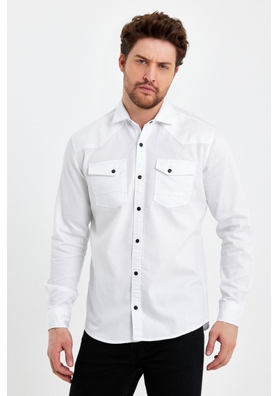 Cool Tarz Erkek Beyaz Çift Cepli Çıt Çıt Düğmeli Slim Fit Kot Gömlek Beyaz Beyaz