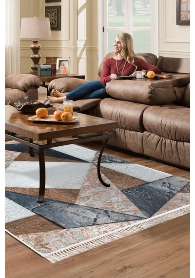 Alanur Home Kaymaz Dijital Mutfak & Salon Halı Trend Saçaklı Geometrik E5028 Renkli