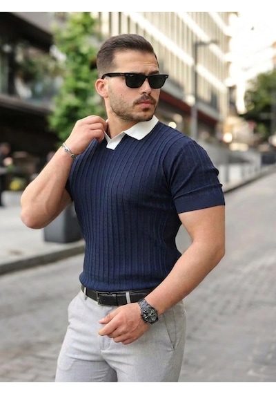 Valensdesign Erkek Yaka Detaylı Desen Dokulu Triko Tişört Lacivert