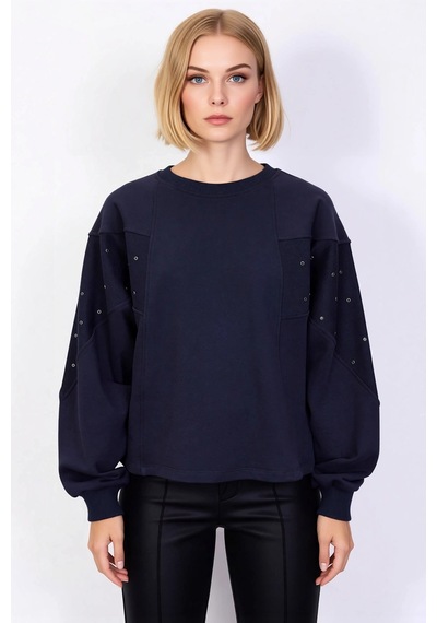 Benerly Kadın Bisiklet Yaka Düşük Kol Oversize %100 Pamuk Sweatshirt Fonk Lacivert