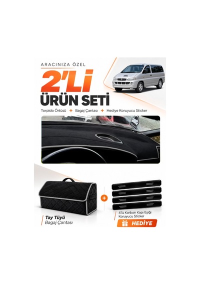 E-biz Hyundai Starex 1997-2007 Uyumlu Torpido Örtüsü + Tay Tüyü Bagaj Çantası - Siyah-gri - Hu032