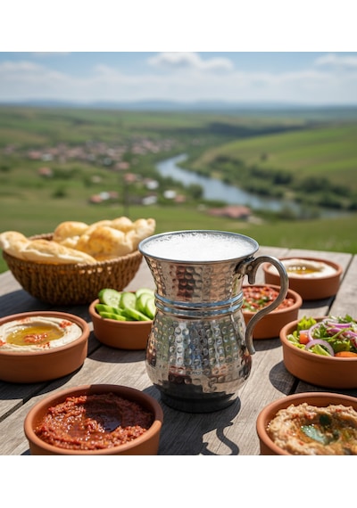 Geleneksel El İşlemesi 300ml Gümüş Renk Bakır Kulplu Maşrapa Ayran Bardağı 7,5cmx10cm Gümüş - Gri
