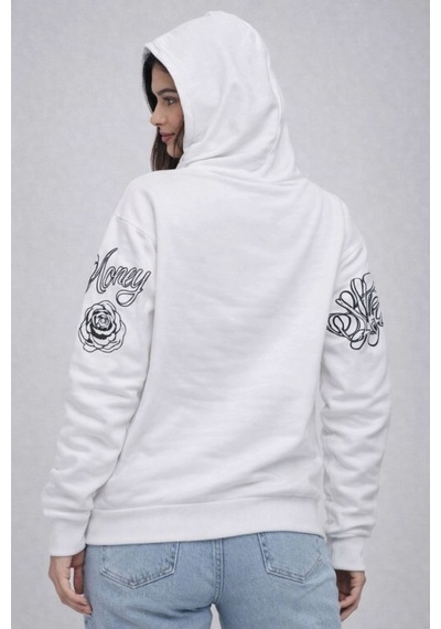 Mbb E-ticaret Kadın 3 İplik Pamuklu Kapüşonlu Baskılı Sweatshirt Hoodie - Beyaz