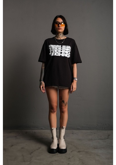 Technomonkey Unisex Siyah Oversize Techno Baskılı Tişört