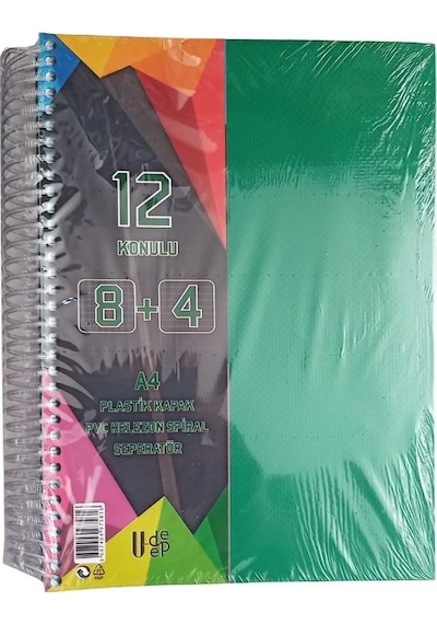8+4 Ayraçlı Defter 12 Konulu 300 Yaprak 1 Adet 8 Kareli 4 Çizgili Spralli Plastik Kapak Seperatörlü Yeşil