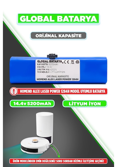 Homend Alex Laser Power 1284H Akıllı Robot Süpürge Bataryası 14.4V 5200mAh Pil