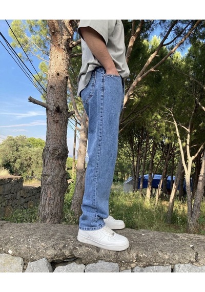 Yıkamalı Mavi Baggy Jean Yıkamalı Mavi