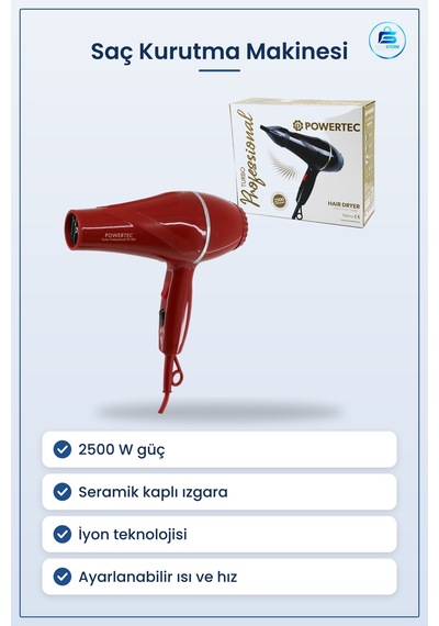 Saç Kurutma Makinesi Kırmızı 2500w Profesyonel Fön Seramik İyon A