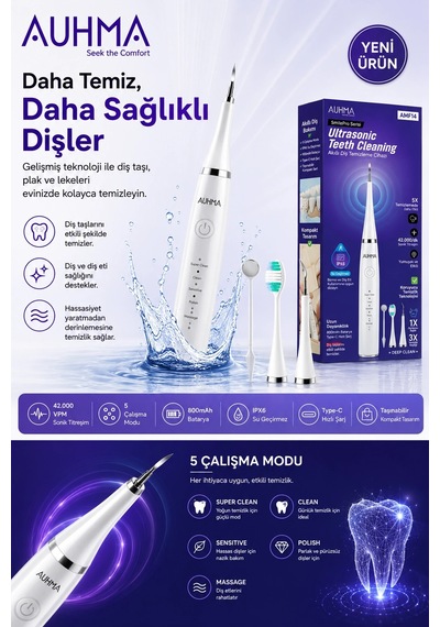 Ultrasonic Şarjlı Elektrikli Akıllı Diş Temizleme Cihazı Beyazlatıcı 5 Mod 3+1 Başlık, Ipx8 Su Geçi 18876523