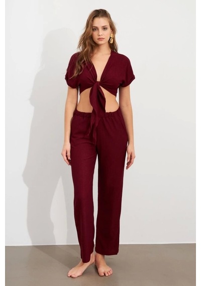 Defymoda Kadın Bürümcük Kumaş Pantolonlu Takım Bordo