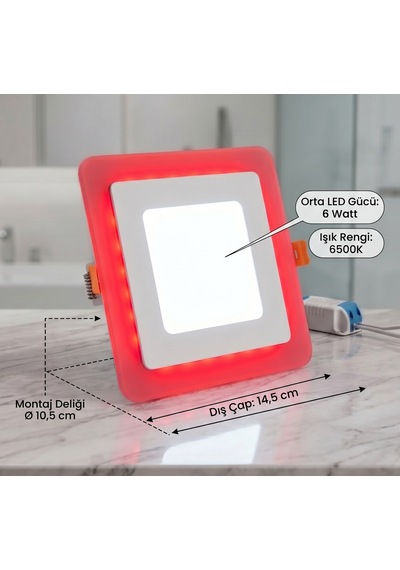 Kare Sıva Altı Led Spot Aydınlatma 9 Watt Çift Renk 3 Kademe Kırmızı Beyaz Gece Lambası Armatür