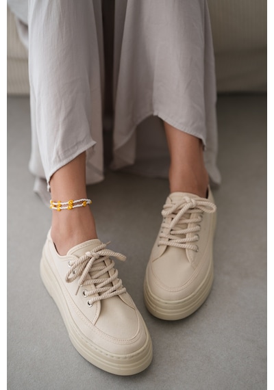 Peinta Yüksek Tabanlı Bağcıklı Kadın Sneaker- Bej