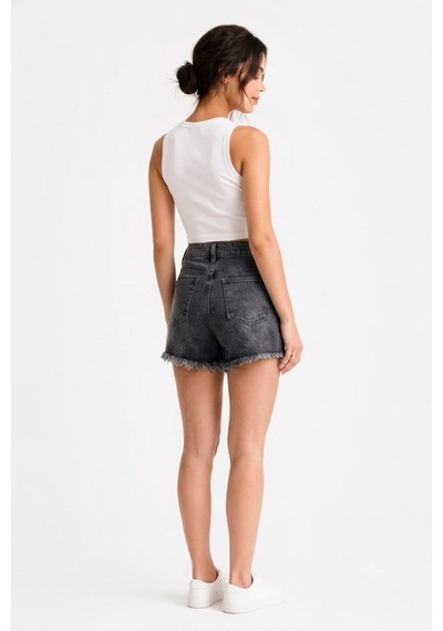 Layal My Beauty Lmb Kadın Jeans Yüksek Bel Likralı Paçası Püsküllü Denim Kot Şort Yeni Sezon New1 Füme