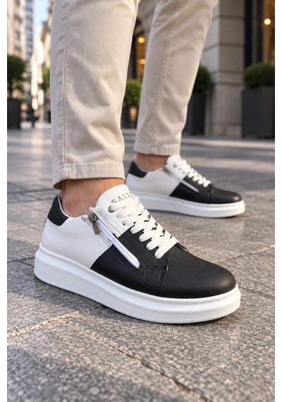 Mevese Roirraw Bağcıklı Ve Fermuarlı Cilt Erkek Günlük Sneaker Ayakkabı - Beyaz Siyah Desenli Mevese Roirraw Bağcıklı Ve Fermuarlı Cilt Erkek Günlük Sneaker Ayakkabı - Beyaz Siyah Desenli