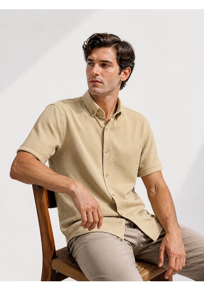Classics Men Reeport Likralı Kısa Kol Slim Fit Çizgili Gömlek - 7640 Bej