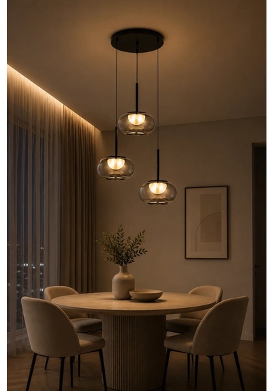 Modern Premium 3'lü Füme Cam Küre 3 Renkli Ledli Sarkıt Avizesi Salon Mutfak Şık Modelleri 78w Siyah