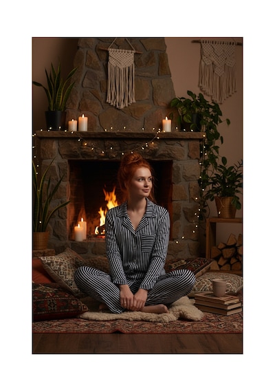 Rindahomewear Kadın Lacivert Beyaz Çizgili Desenli Milan Örme Lizbon Düğmeli Pijama Takımı Lacivert Çizgili