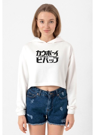 Cowboy Bebop Retro Letter Logo Ekru Kadın Crop Kapşonlu 001
