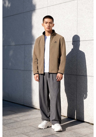 Tommy Life Camel Yazı Nakışlı Dik Yaka Fermuarlı Standart Kalıp Erkek Sweatshirt Polar - 87992 CAMEL
