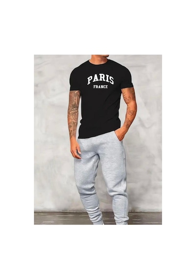 Medinenur Paris I Baskılı T-shirt Eşofman Altı Jogger Rahat Kalıp Eşofman Takım Siyah