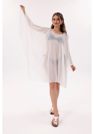 Tarzını Seç Kısa Kimono Pareo - Tesettür Pareo - Esnek Likralı Tül Beyaz 180x135 Cm Çok Renkli