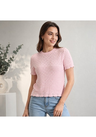 Novalisse Dantel Detay Ajurlu Kısa Kol Bisiklet Yaka Triko Bluz - Pembe