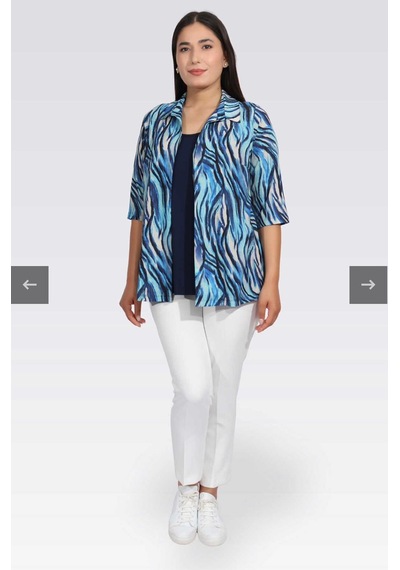 Tolga Saraçoğlu Kadın Bluz - Minimalist Zebra Desenli 3/4 Kol Oversize Lacivert